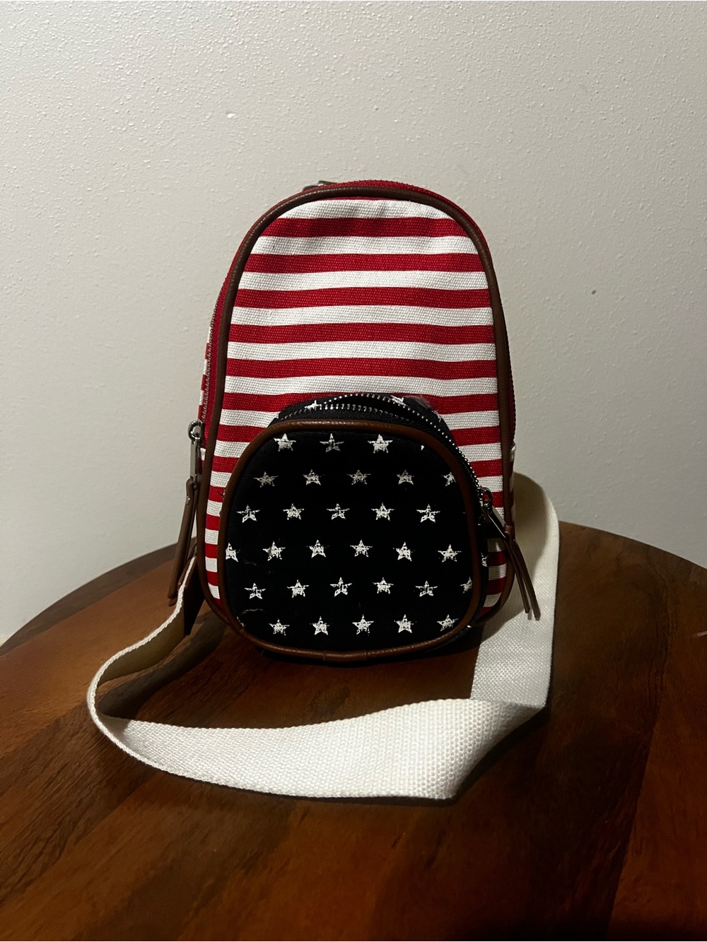 Striped Red & White Crossbody Bag with Star-Stud Front Pocket